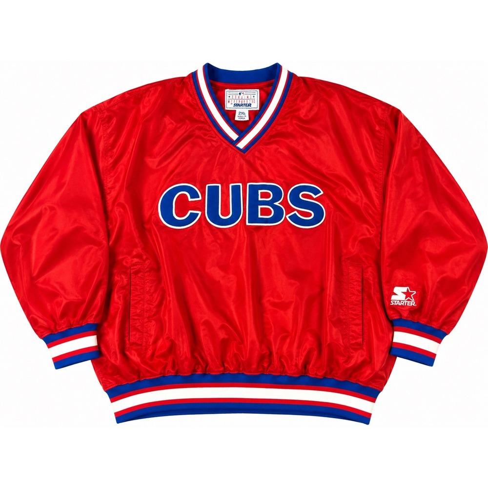 Vintage Starter Chicago Cubs Red Pullover Windbreaker V-Neck MLB Jacket Mens 2XL